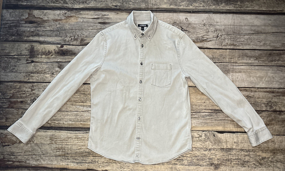 Express Mens Button Down Shirt Long Sleeve Beige Stretch Woven Pocket Small